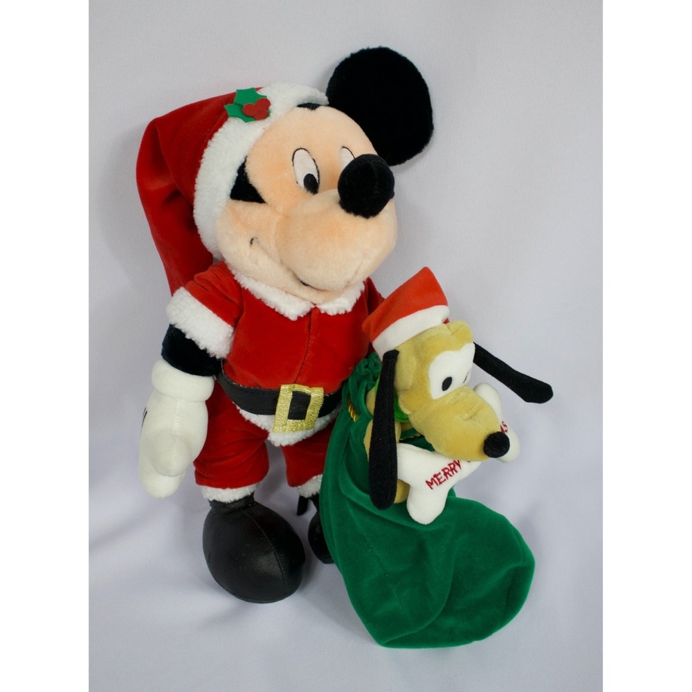 Disney Christmas Santa‎ Clause Mickey Mouse Pluto Plush Figure Posable 14"